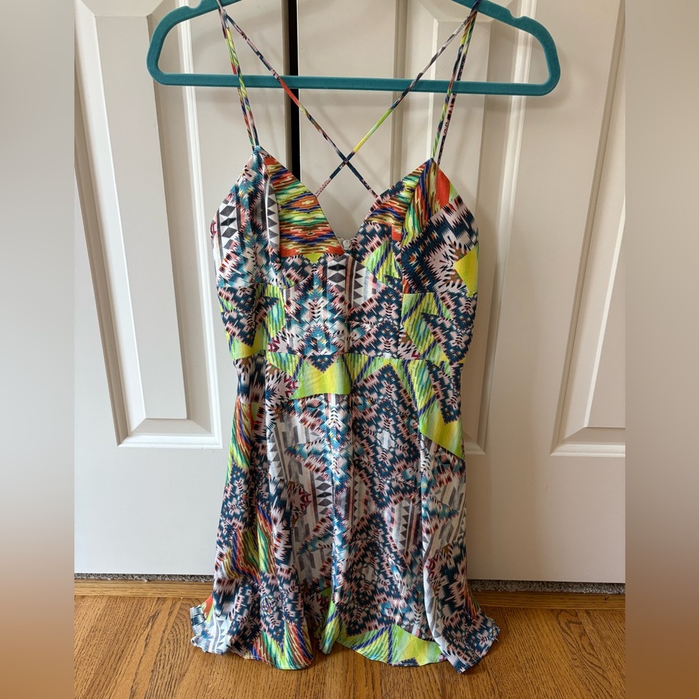 NBD X The Naven Twins Crossed Strappy Geometric Multicolor Mini Dress XS
